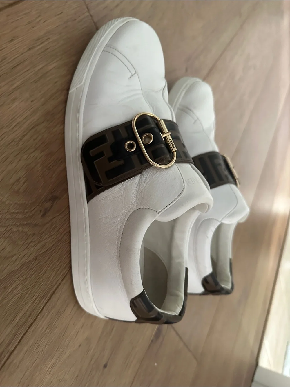 Fendi White Leather Sneakers with Brown FF Logo Strap and Gold Buckle
